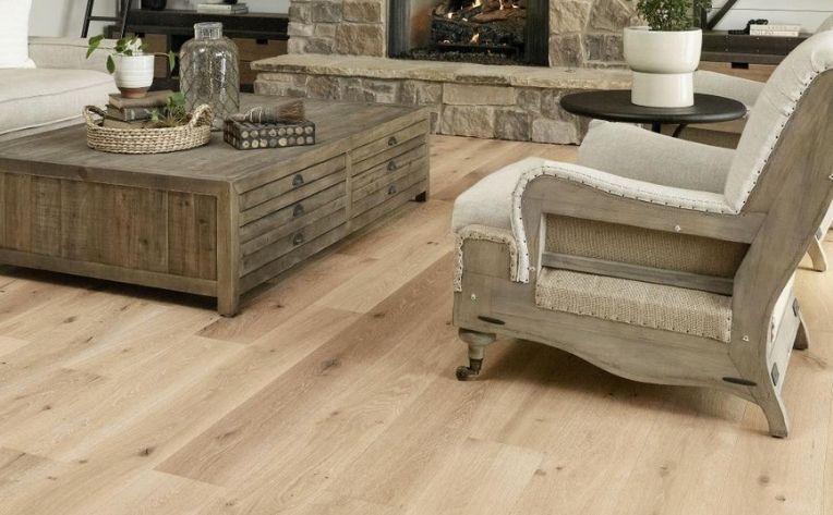 living room with white oak flooring